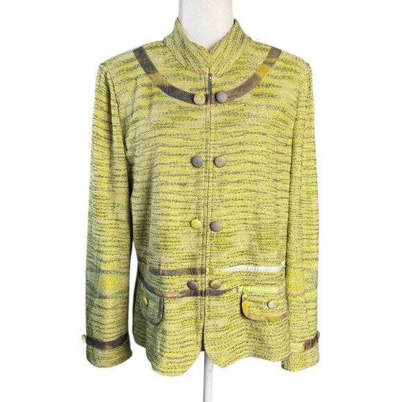 Ming Wang Women's Blazer Jacket Size L Yellow Green Textured Knit Button/Zip - Picture 2 of 11